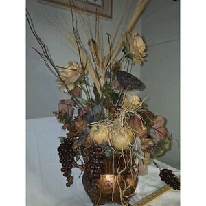 🌾🍂 Vintage Floral Arrangement in‎ Ornate Footed Metal Urn – 29" Tall – Rustic